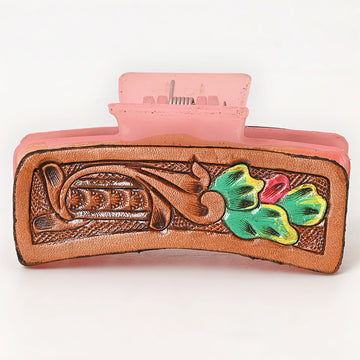 American Darling Floral Long Hair Claw Hand Tooled Carved Genuine Leather Brown Clips Clutcher Gift For Women Girls